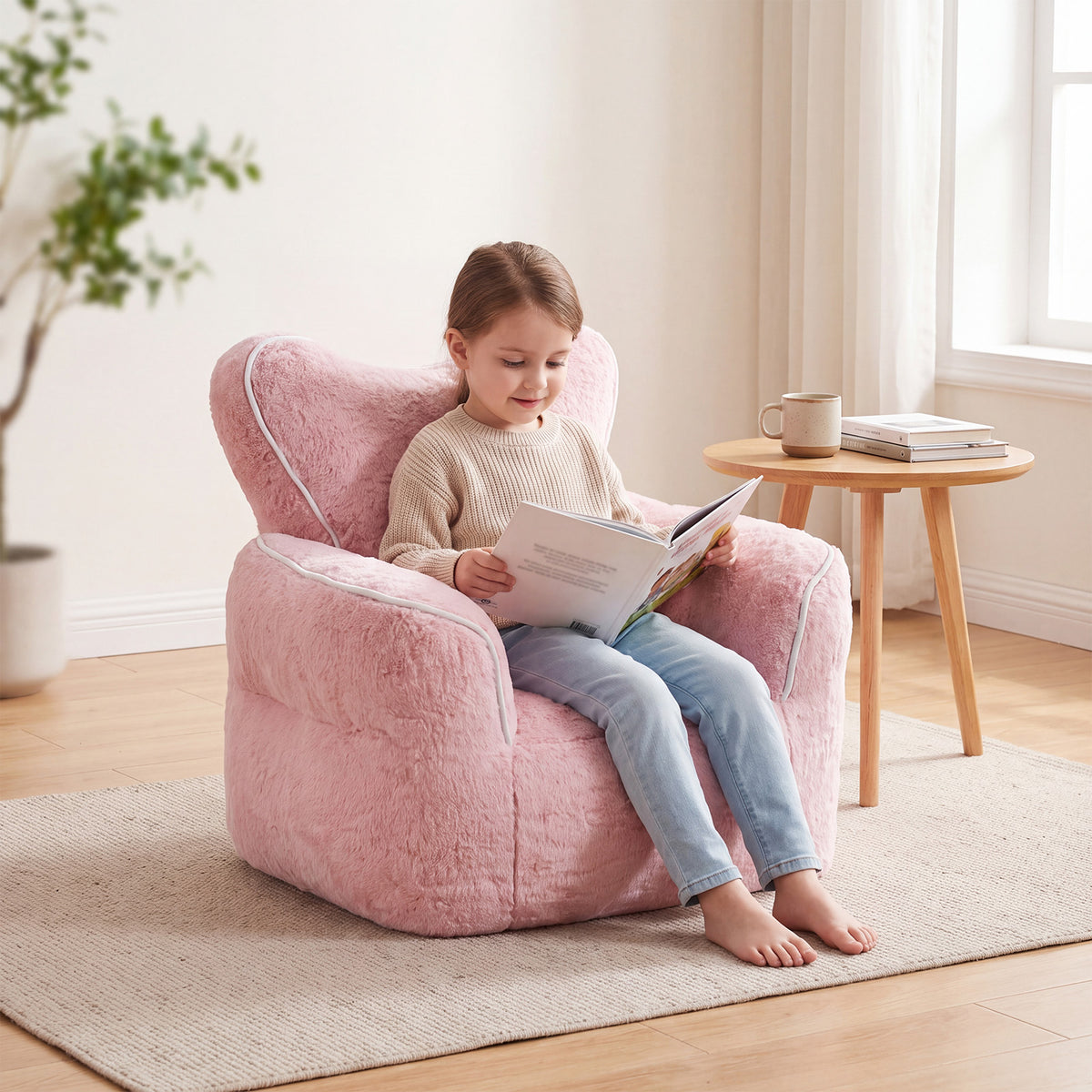 Heart-Shaped Kids Faux Fur Bean Bag Chair, Baby Pink