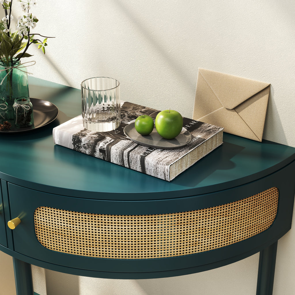 Unique Half Moon Design End Table with Sliding Rattan Door
