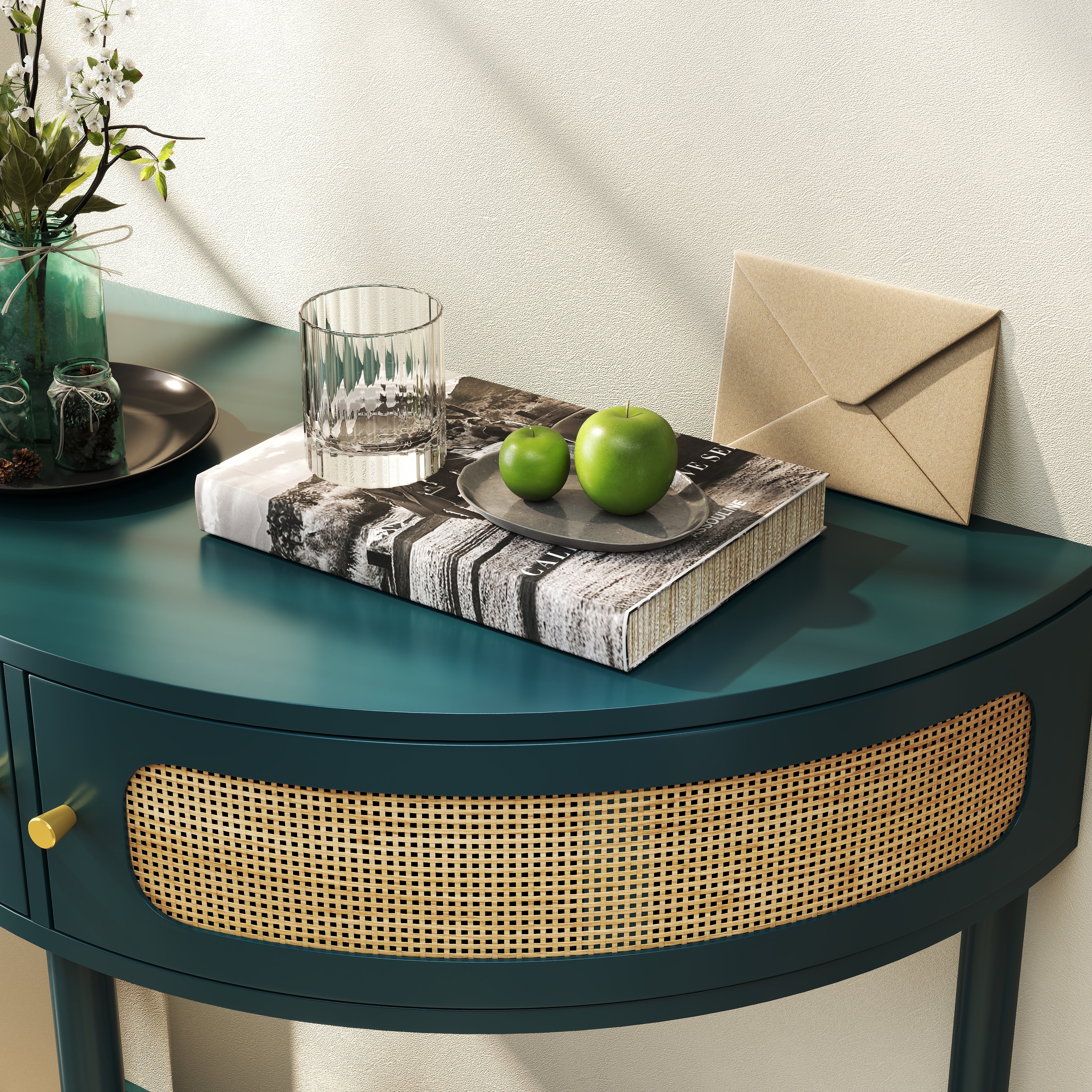 Unique Half Moon Design End Table with Sliding Rattan Door