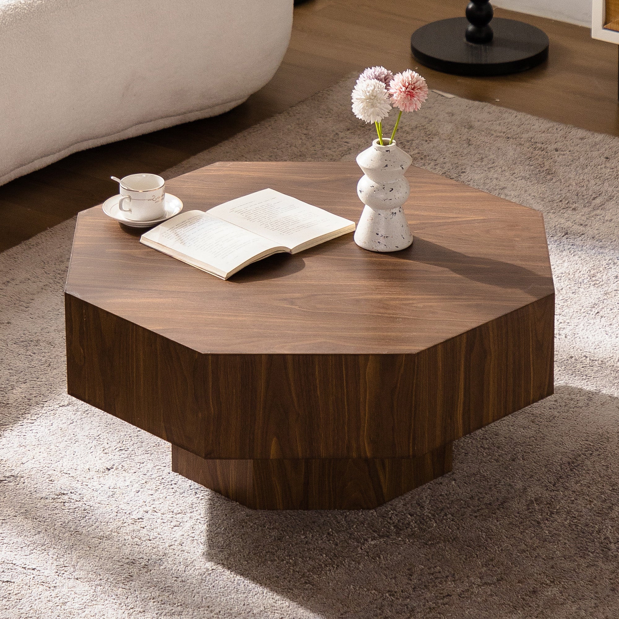 30.51 Inch Coffee Table Wooden Octagonal-Shaped for Living Room