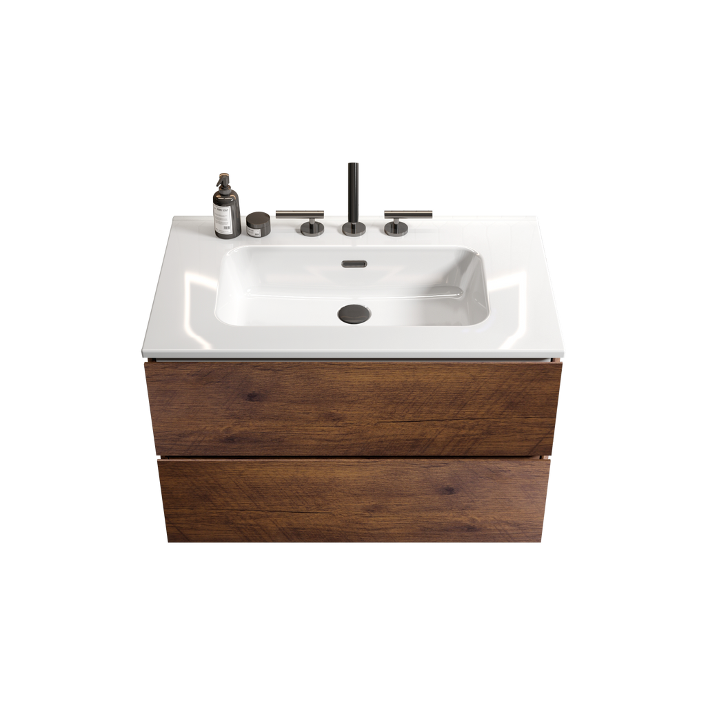 Wall Mount 30-Inch Bathroom Vanity, Walnut with Ceramic Sink