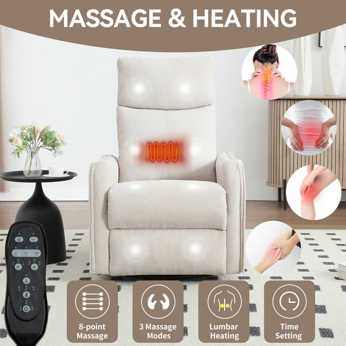 Heat Massage Manual Recliner Chair with Rocker and Swivel in Fabric