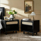 Black Nightstand with Rattan Detail