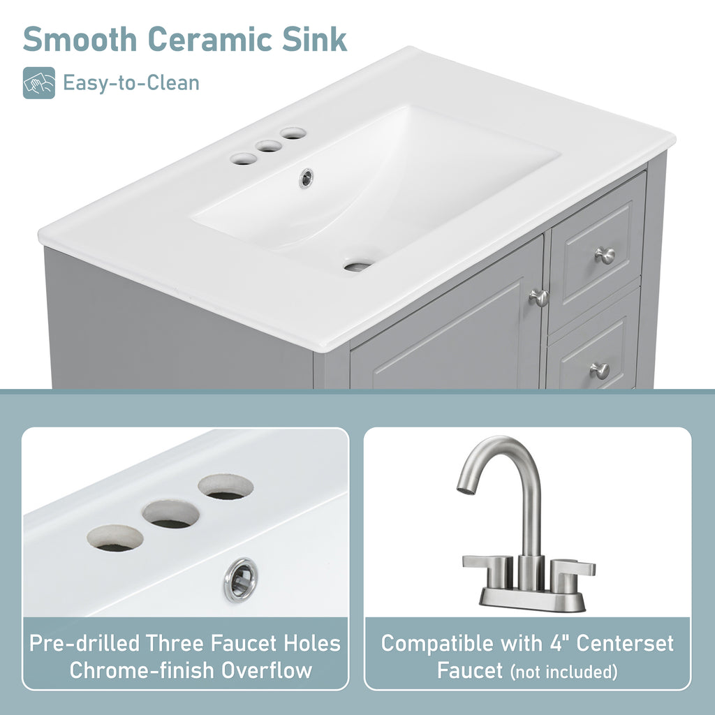 30" Bathroom Vanity with Sink, One Door with Shelf and Three Drawers