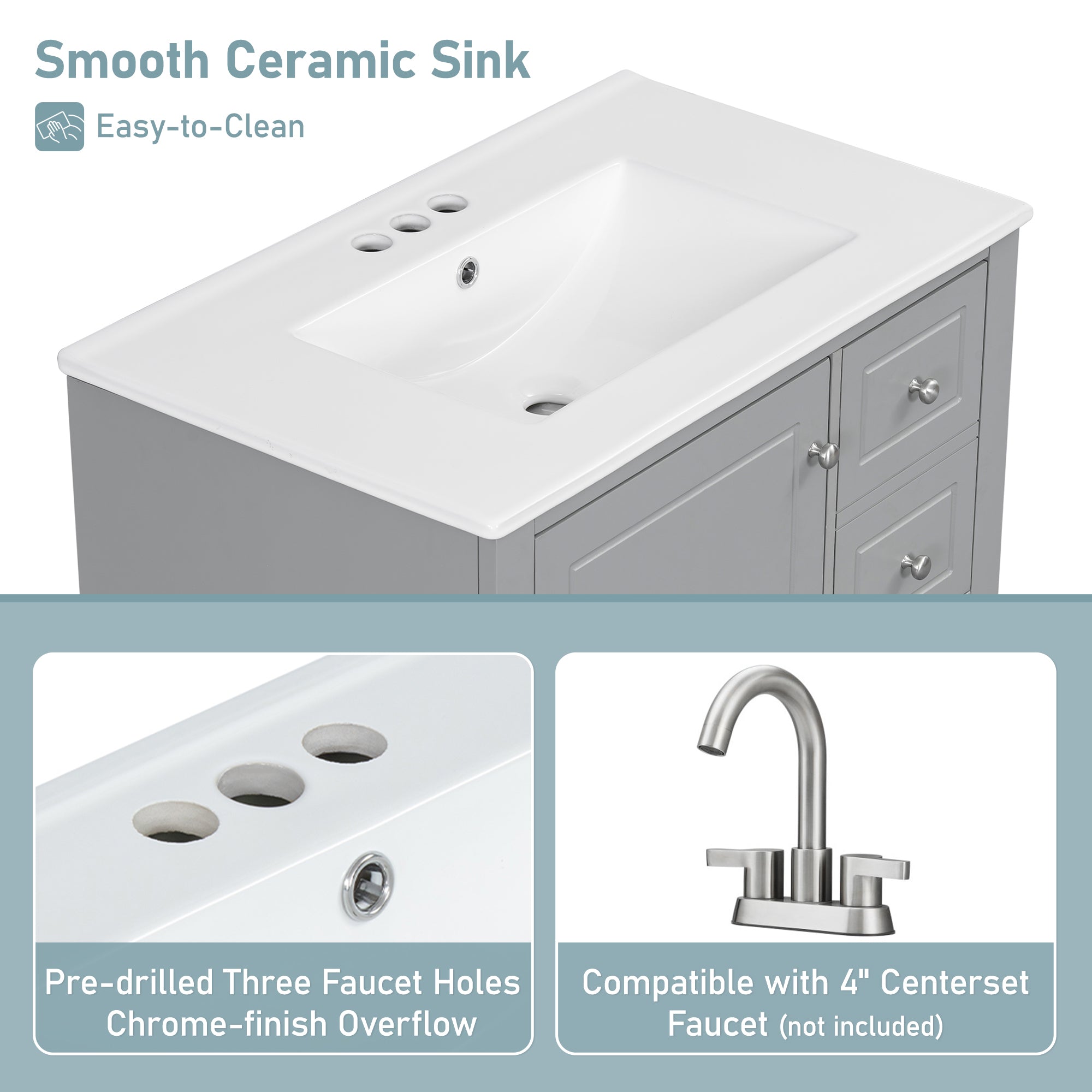 30" Bathroom Vanity with Sink, One Door with Shelf and Three Drawers