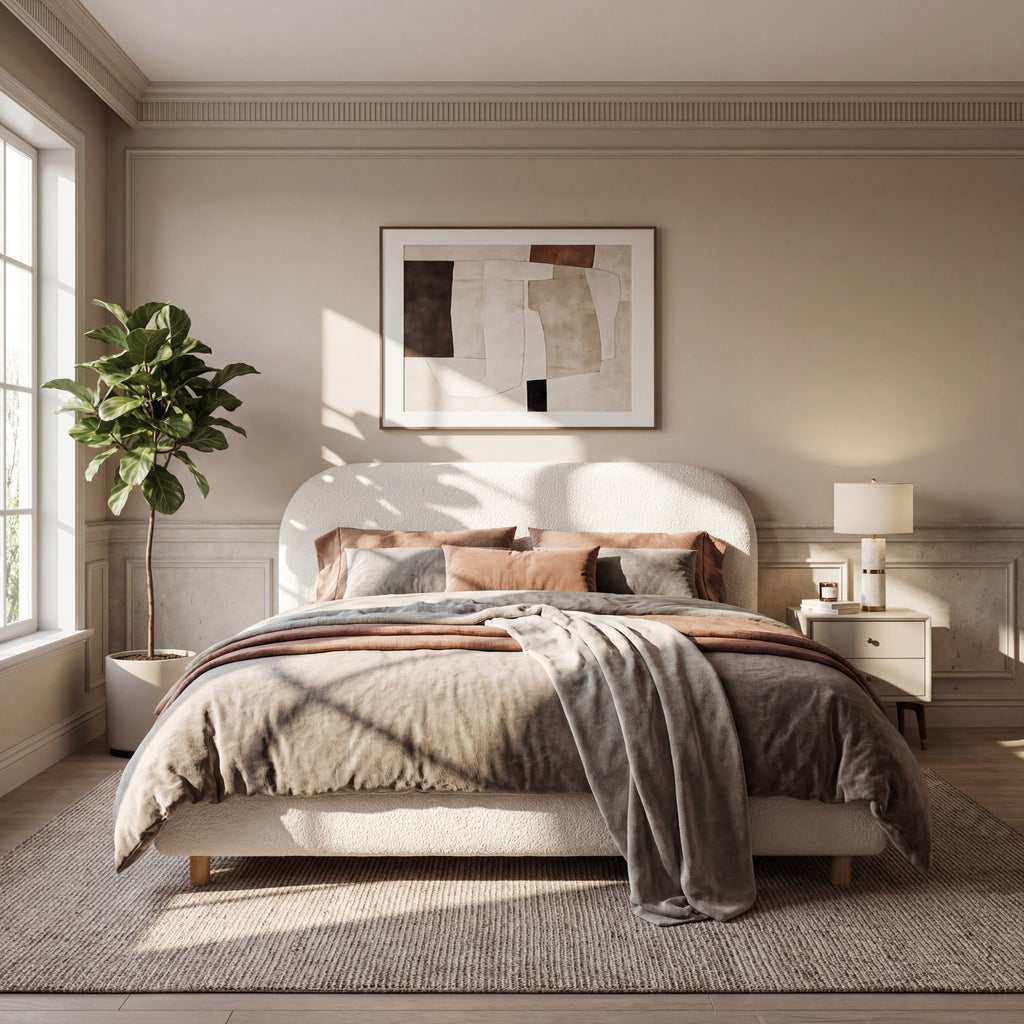 Queen Size Upholstered Bed With Boucle Fabric