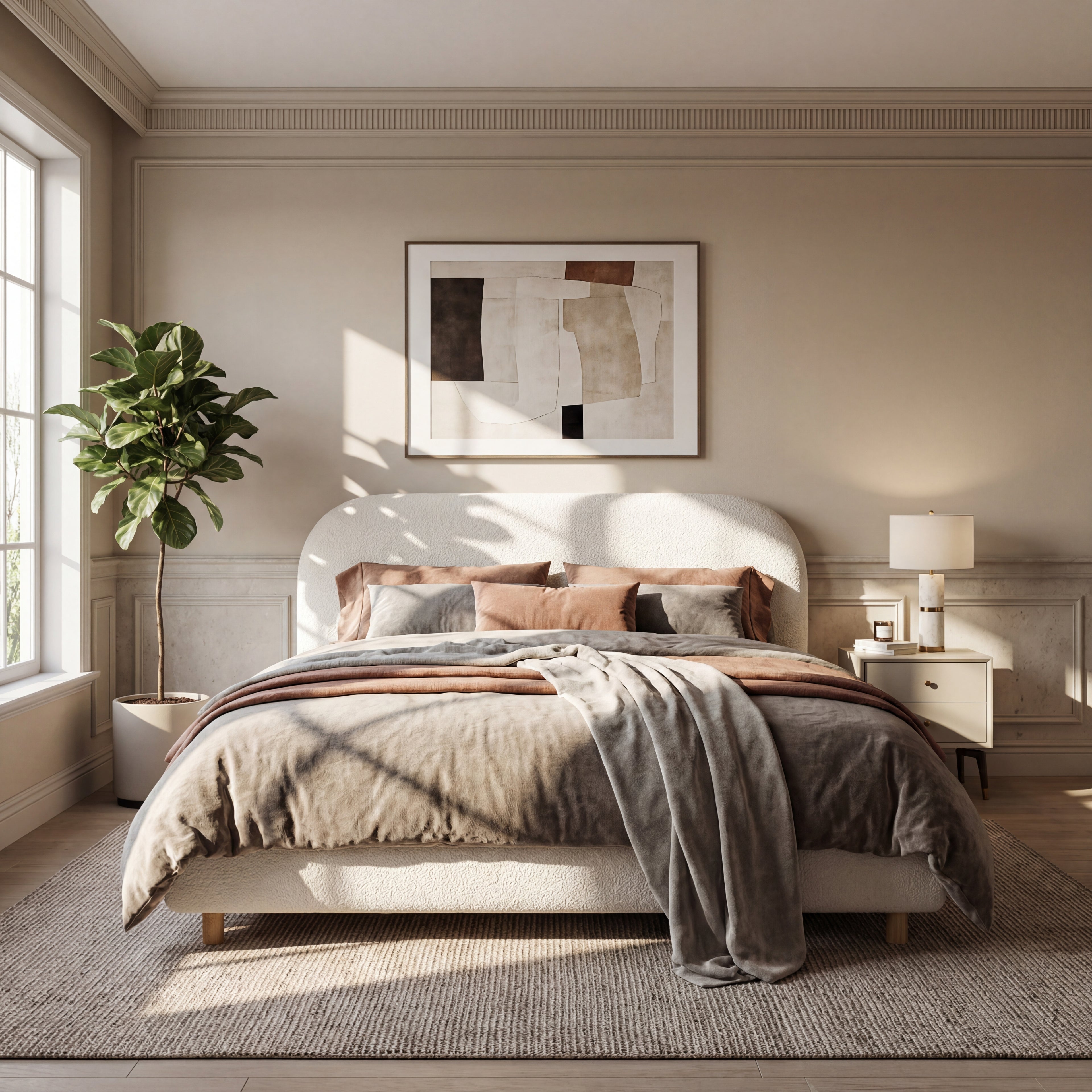 Queen Size Upholstered Bed With Boucle Fabric