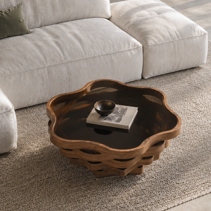 Cloud Shaped Coffee Table with Tempered Glass Top, Walnut Brown