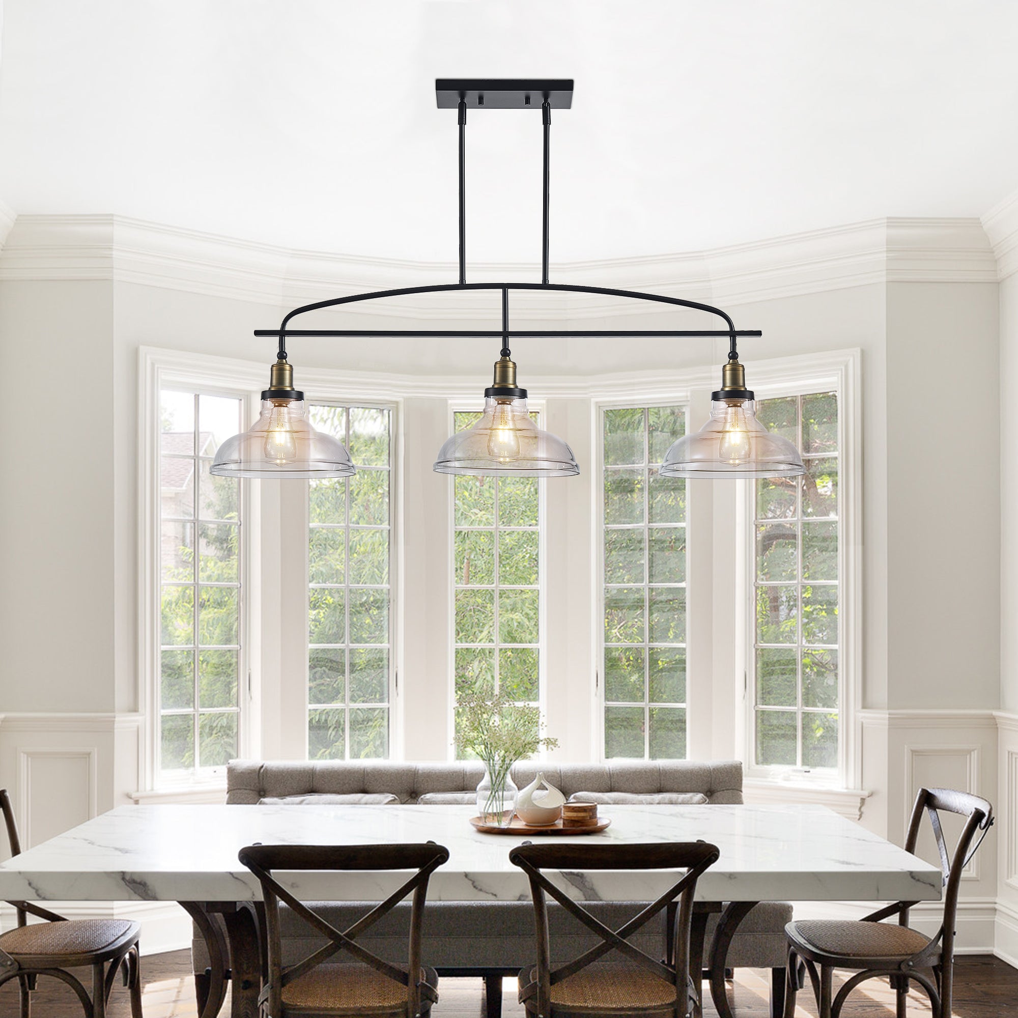 45" Industrial 3-Light Pendant Chandelier with Clear Glass Shades