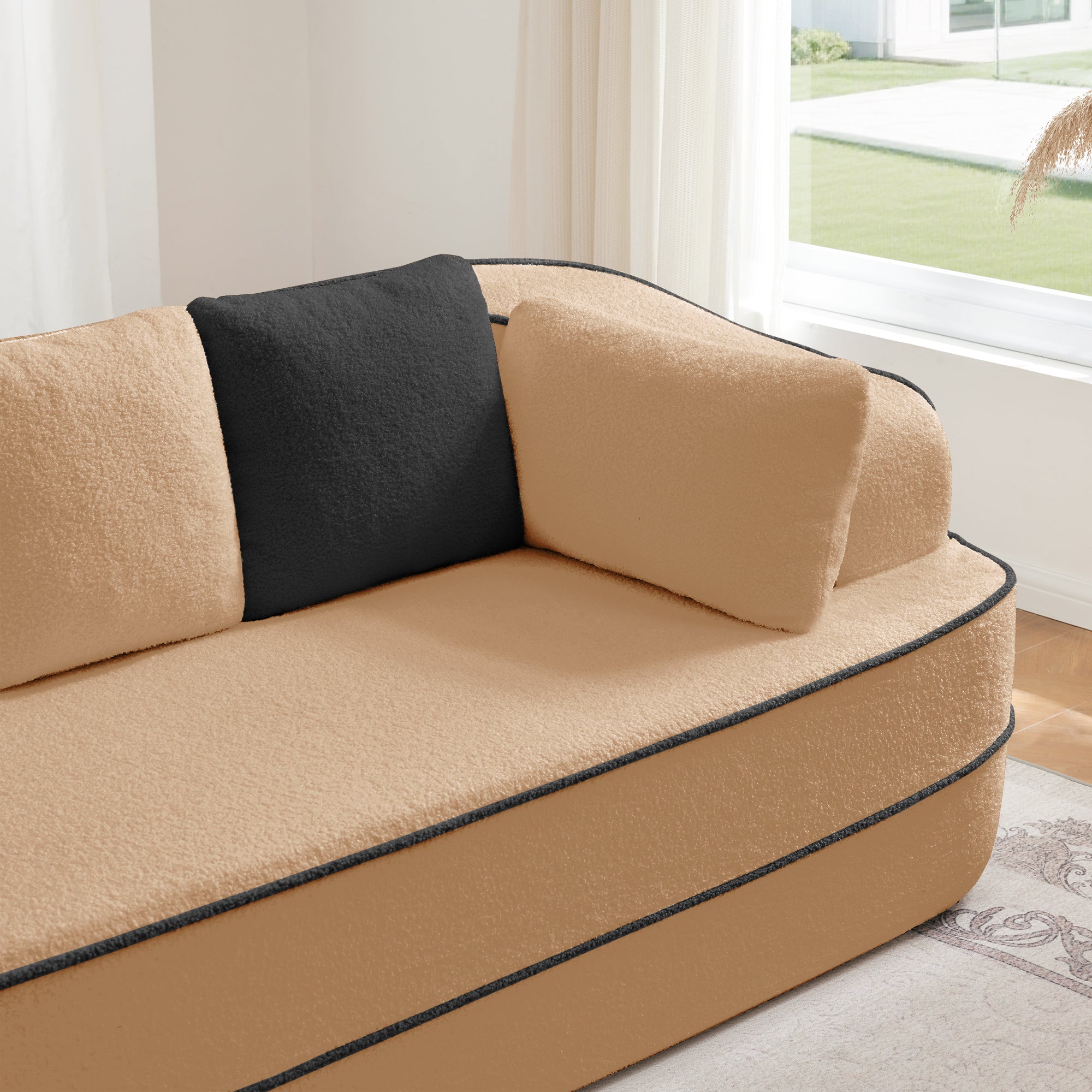 Elysees Right Chaise Sofa With Pillows - Camel Teddy Fabric