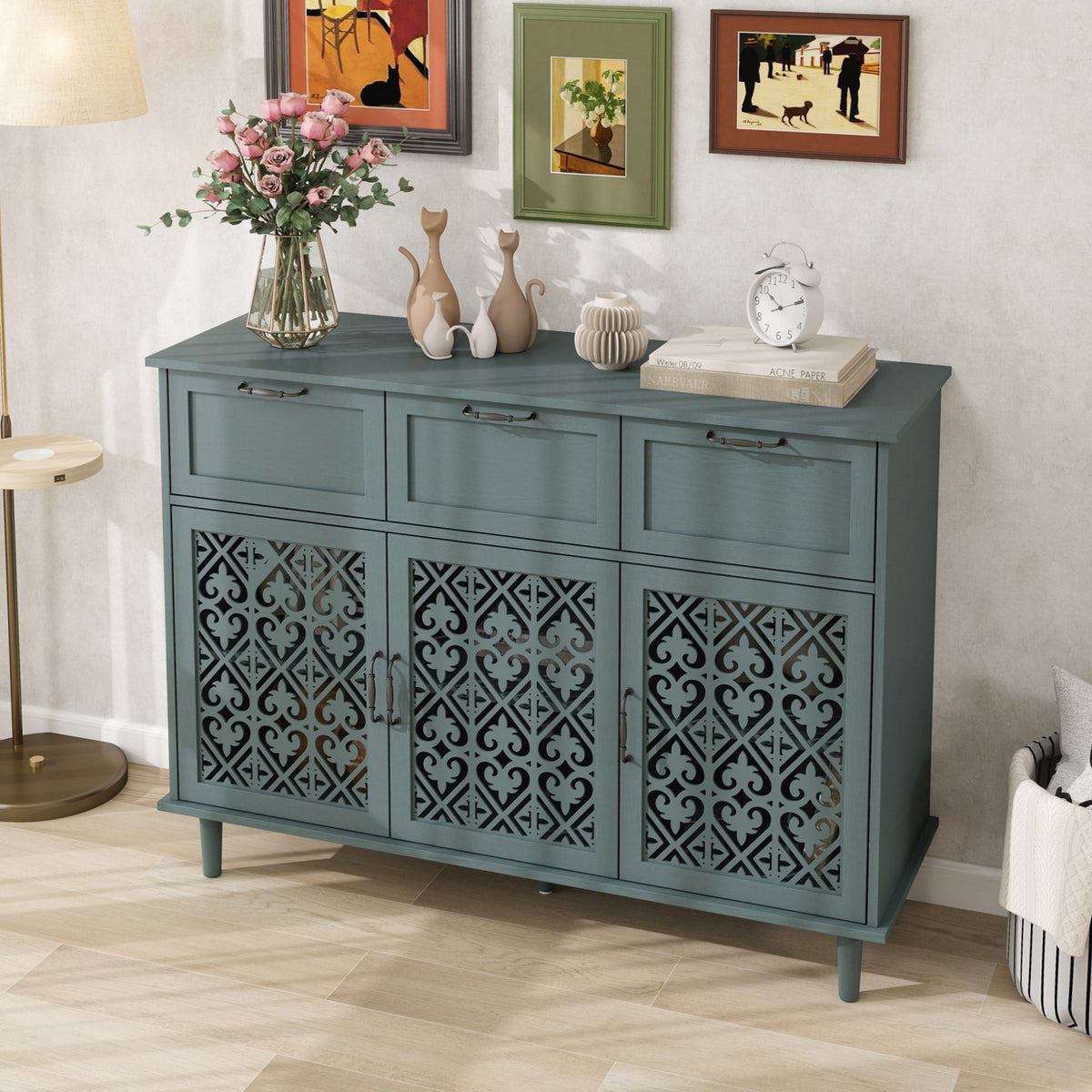 3 Door 3 Drawer Cabinet, Dark Green, 47-Inch Wide