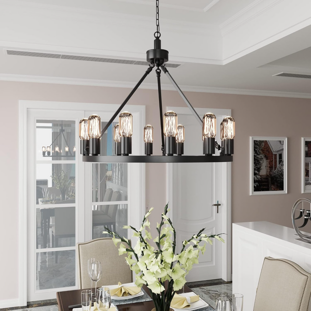 Wagon Wheel Chandelier, 24.2-Inch, 12-Light, Black Metal