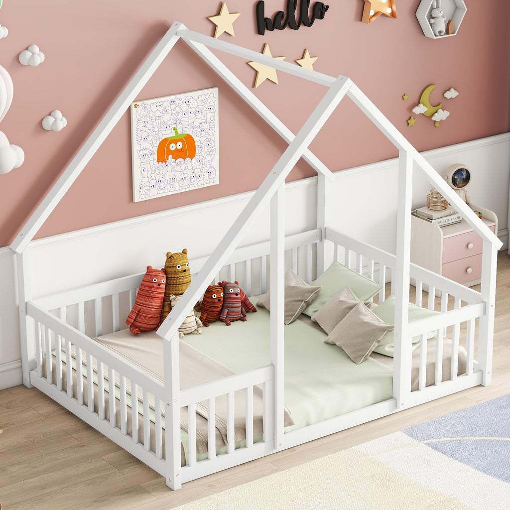 Full Wood House-Shaped Floor Bed with Fence, Guardrails