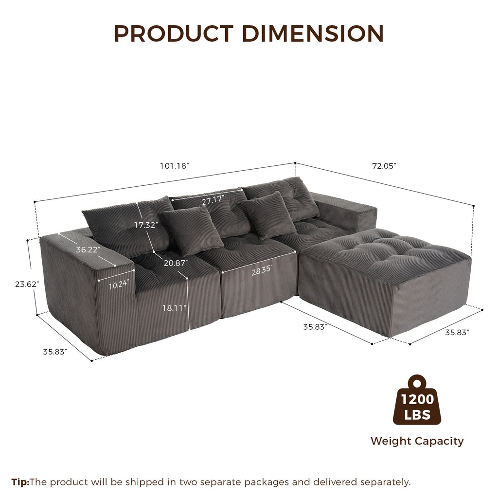 101" L-Shaped Modular Compression Sofa, Gray