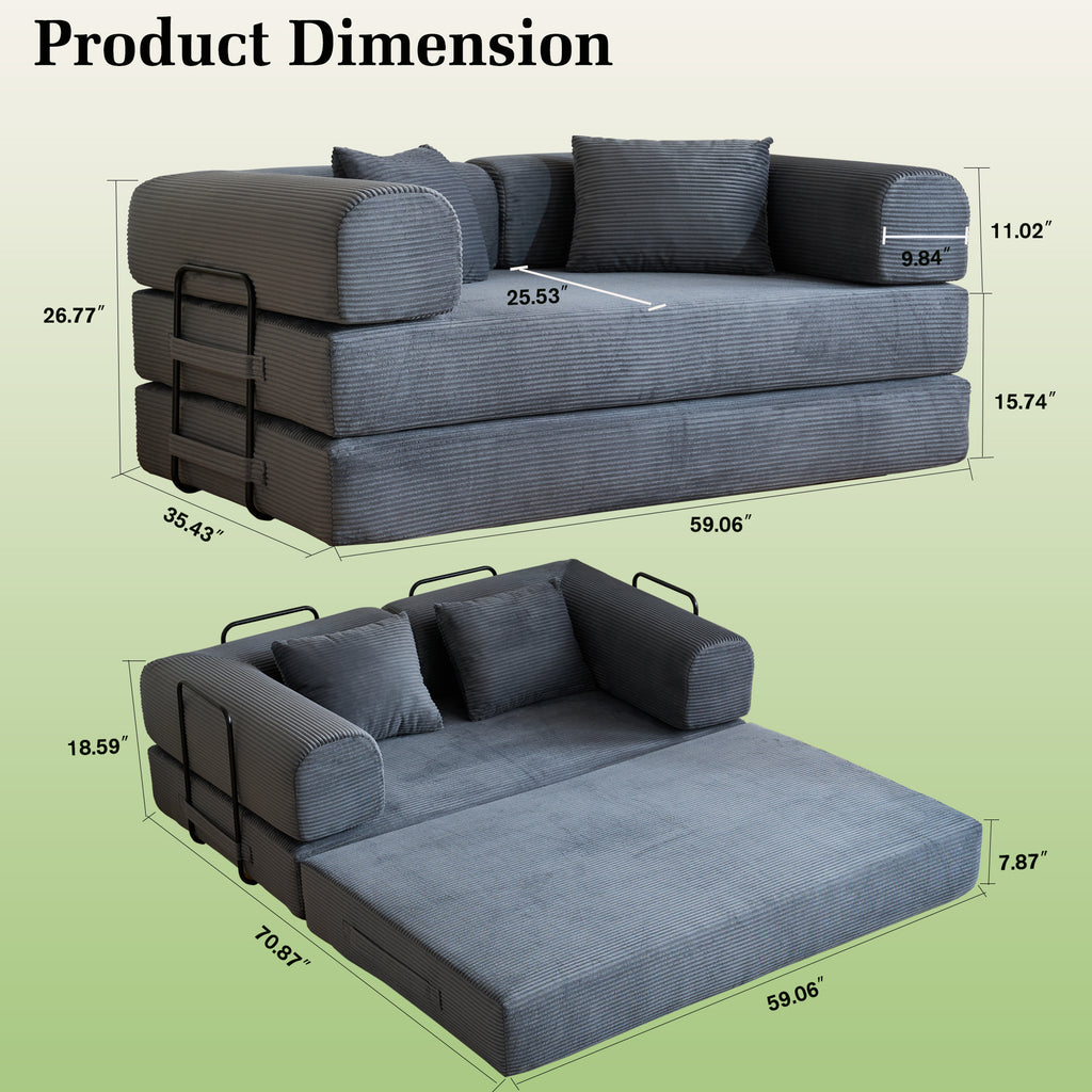 59" Convertible Sleeper Sofa Bed with Cylindrical Pillow