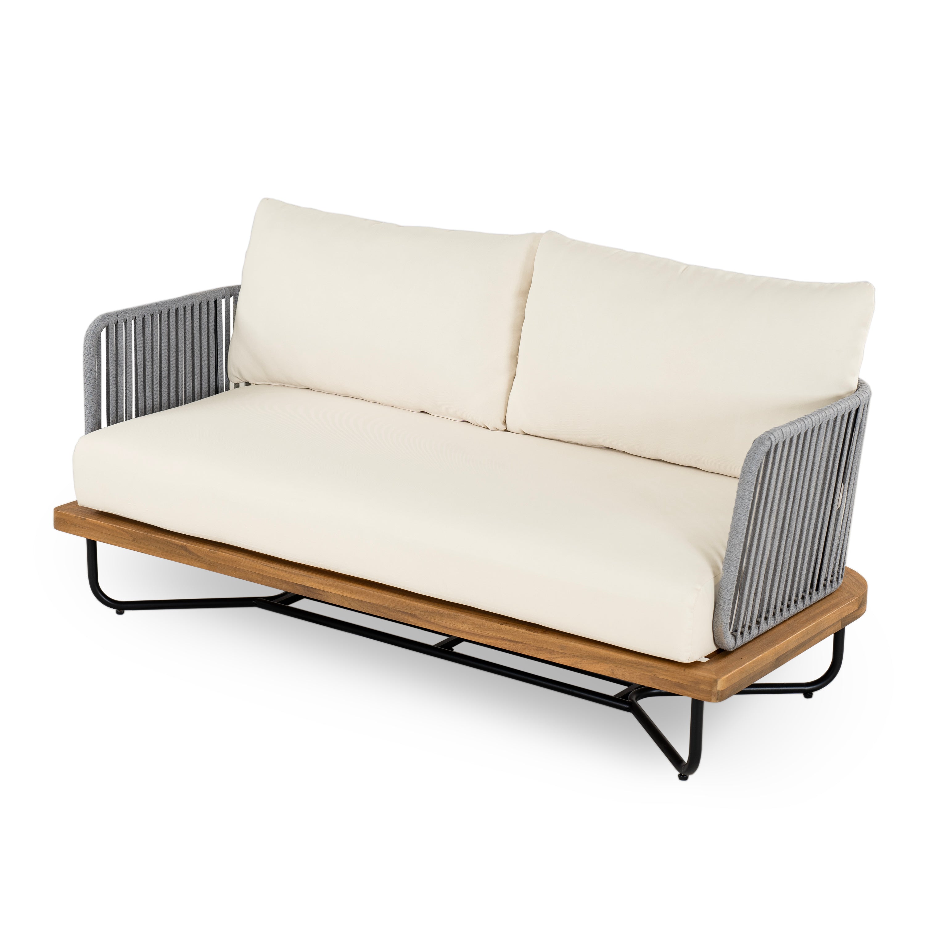 Lucca Outdoor 6 Seater Acacia Wood and Rope Woven Patio Conversation Set