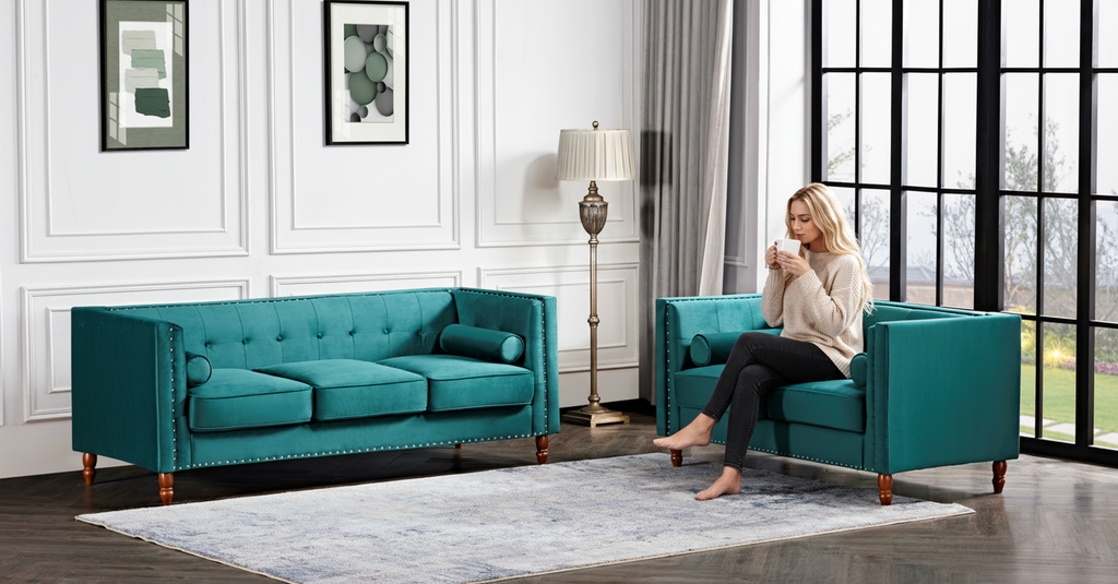 Chesterfield Button Tufted 3-Seater Sofa, Green Velvet with Nailhead Trim
