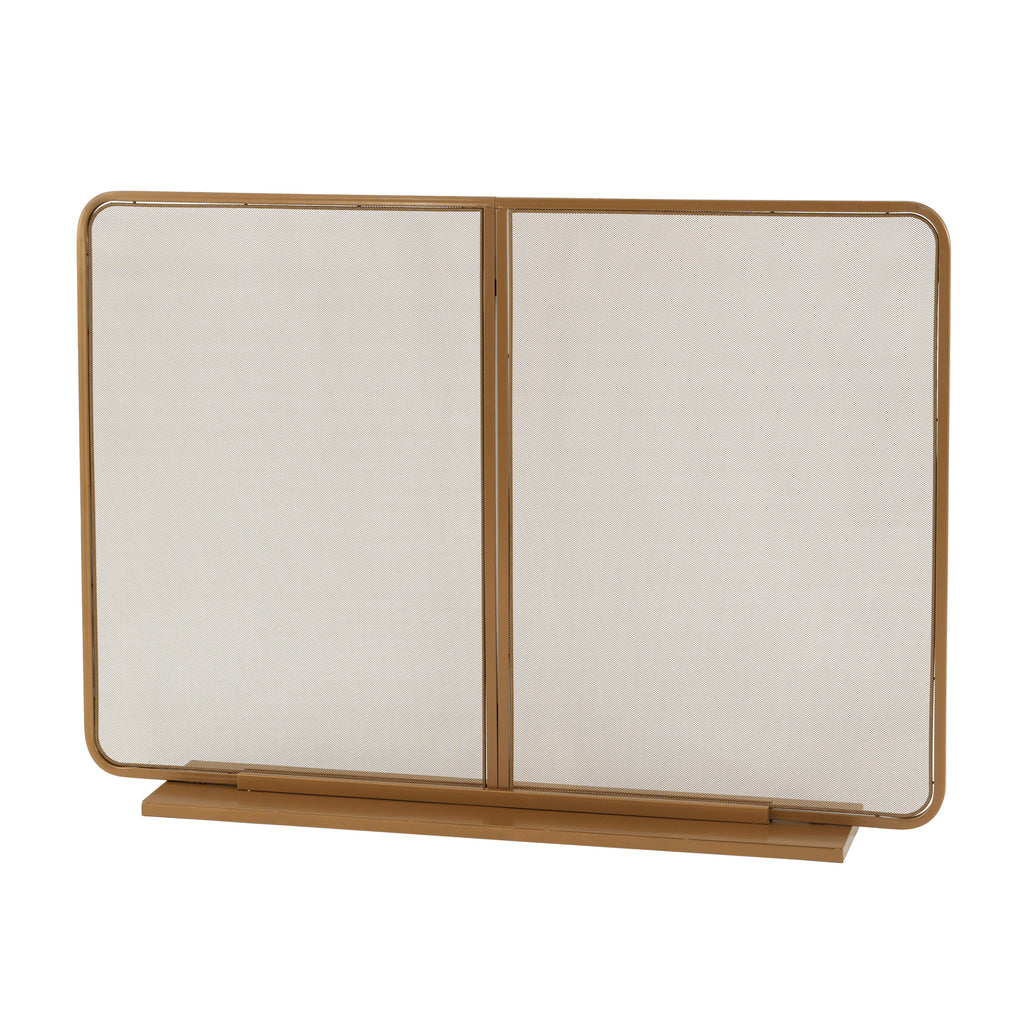 Gold Two‑Panel Freestanding Fireplace Screen, 50" W × 35" H Iron Mesh Fire Spark Barrier for Home Indoor Fireplace