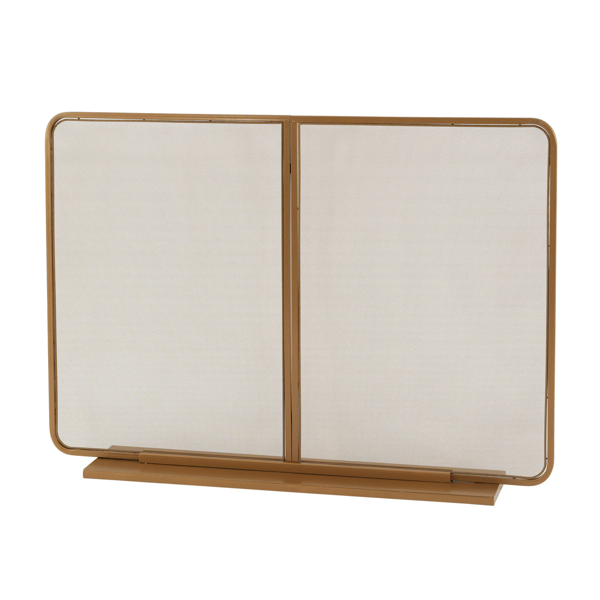 Gold Two‑Panel Freestanding Fireplace Screen, 50" W × 35" H Iron Mesh Fire Spark Barrier for Home Indoor Fireplace