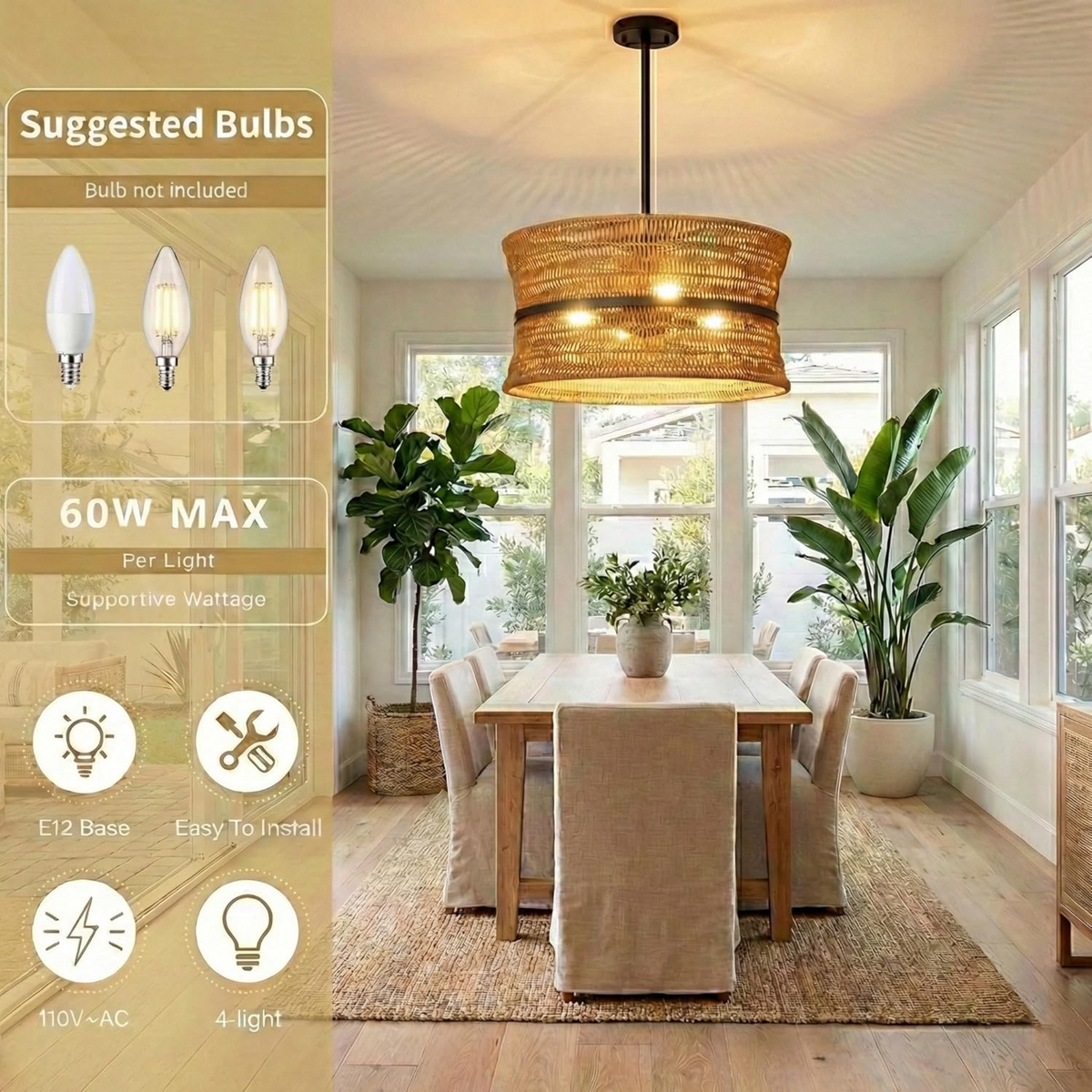 Wicker Boho Chandelier, 4-Light Coastal Rattan Pendant, 18-Inch, Beige