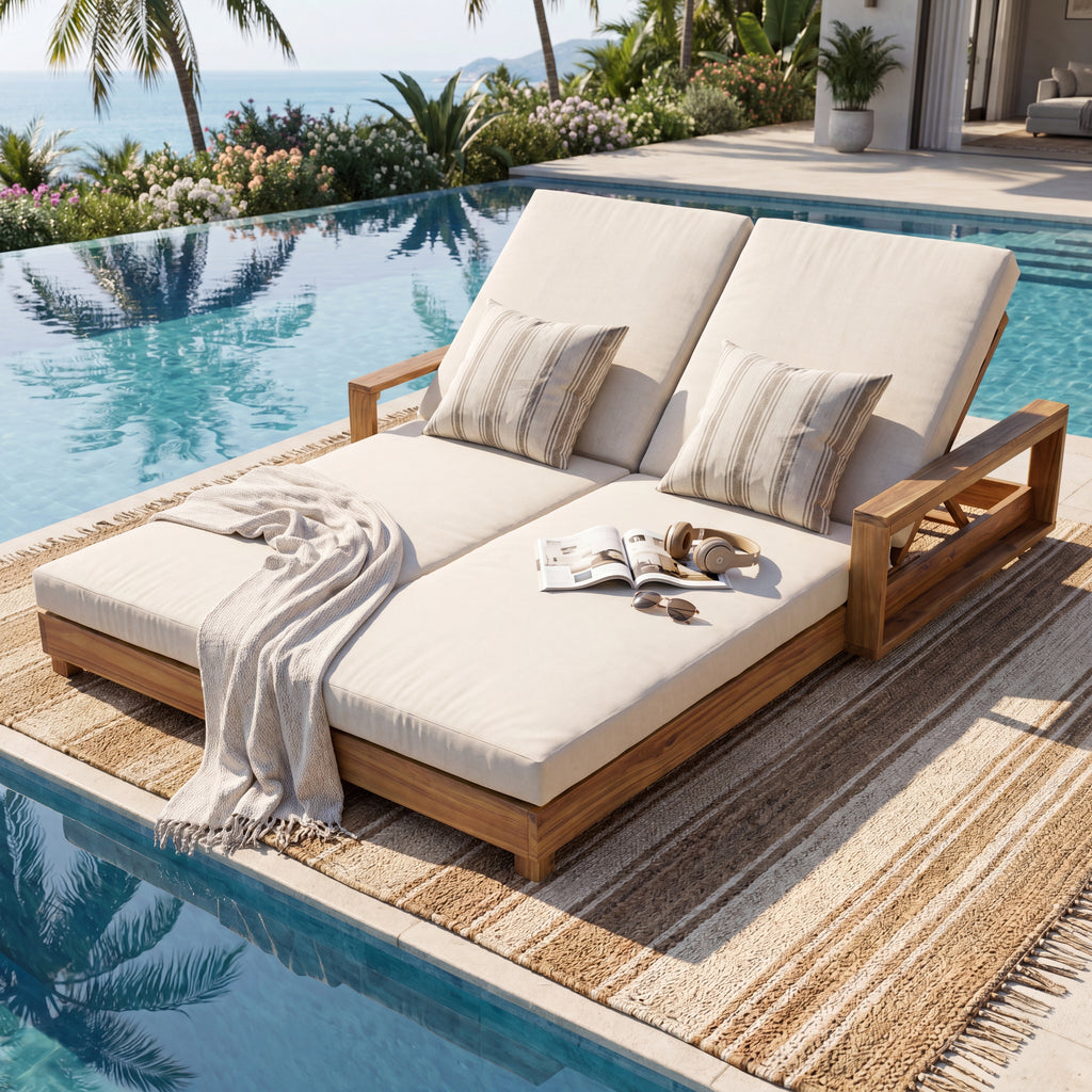 Double Acacia Wood Chaise Lounge Set, 1 Double Recliner with 2 Pieces 2-Fold