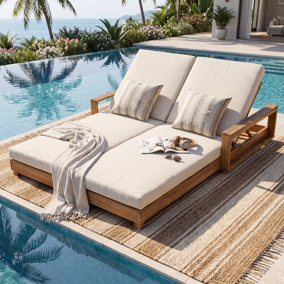 Double Acacia Wood Chaise Lounge Set, 1 Double Recliner with 2 Pieces 2-Fold