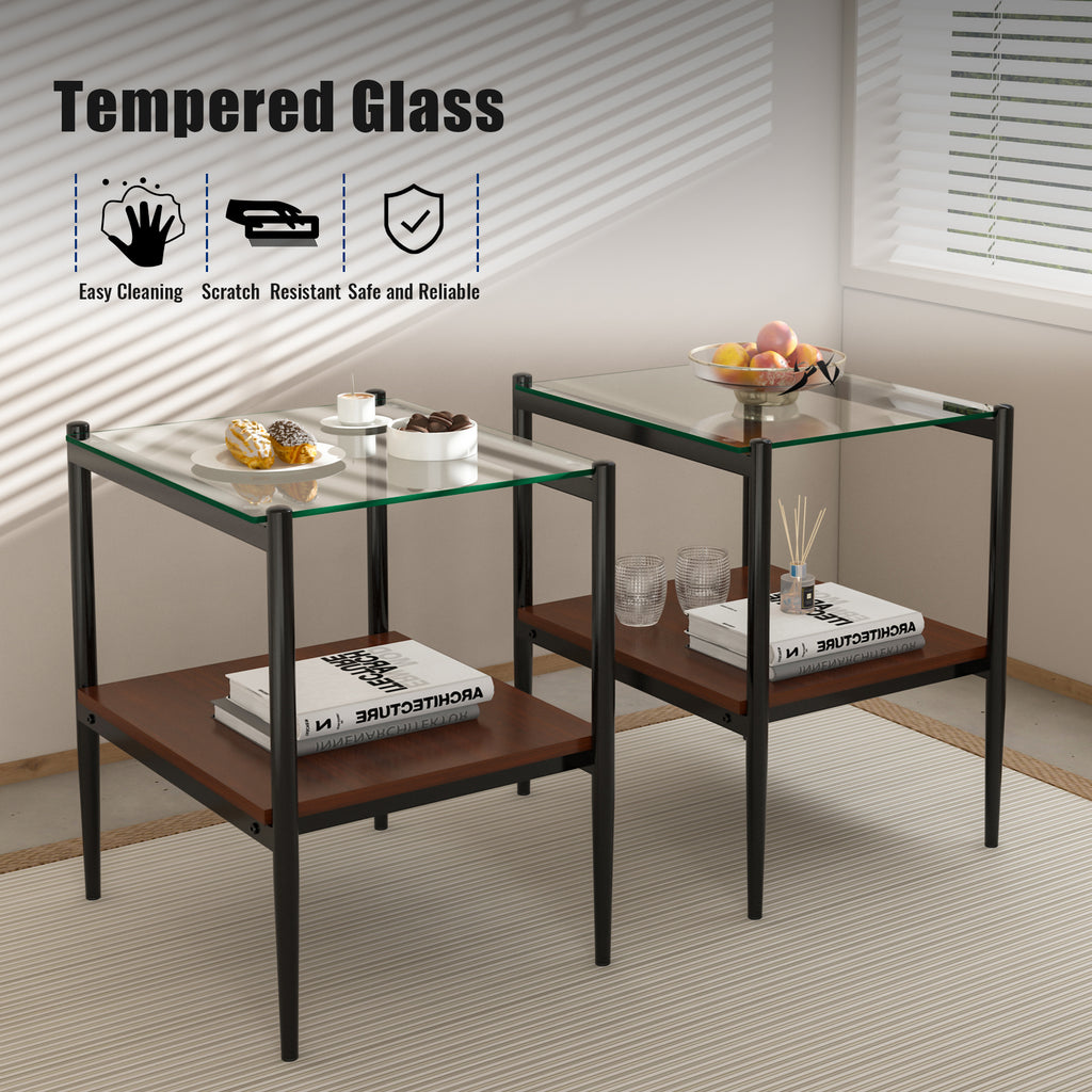 Set of 2 Rectangle End Table with Tempered Glass Top