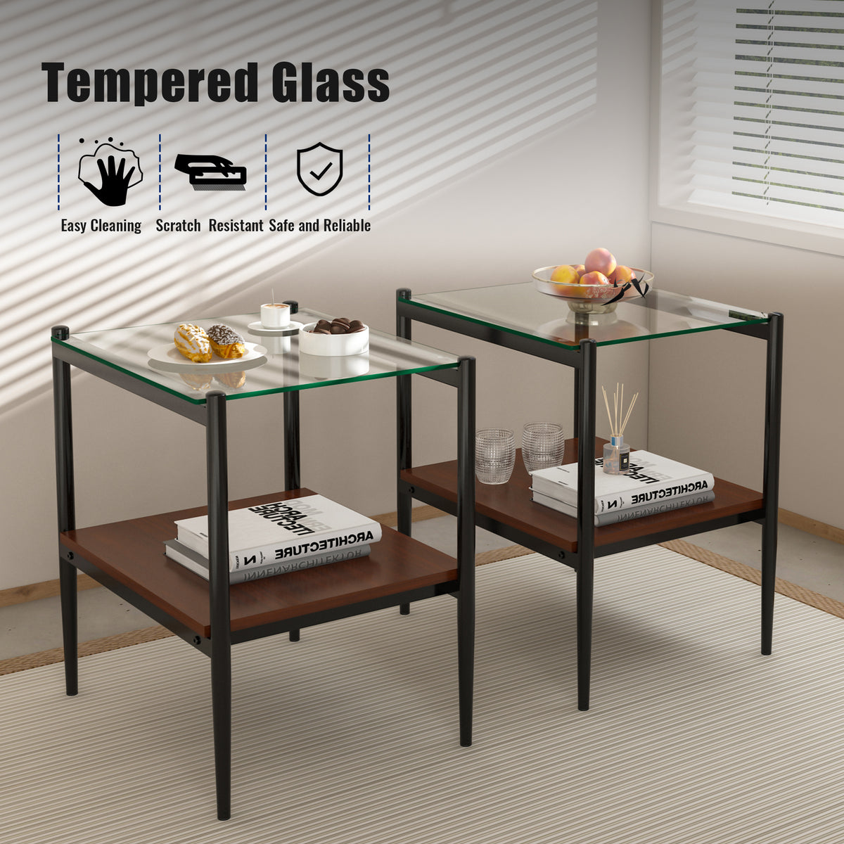 Set of 2 Rectangle End Table with Tempered Glass Top