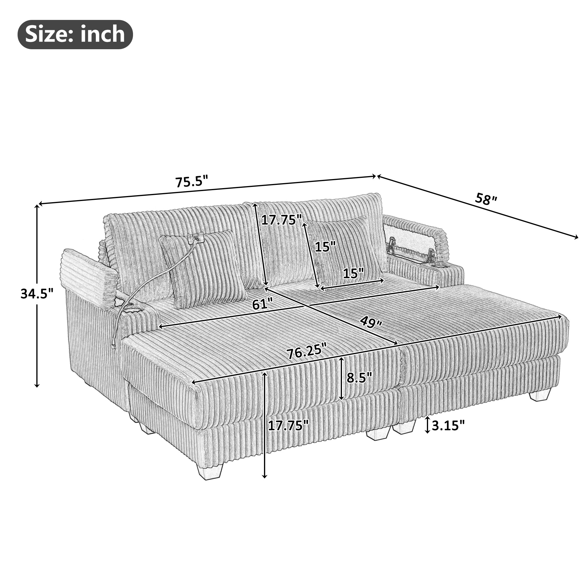 Modern Chaise Sofa 75.5" Chaise Lounge