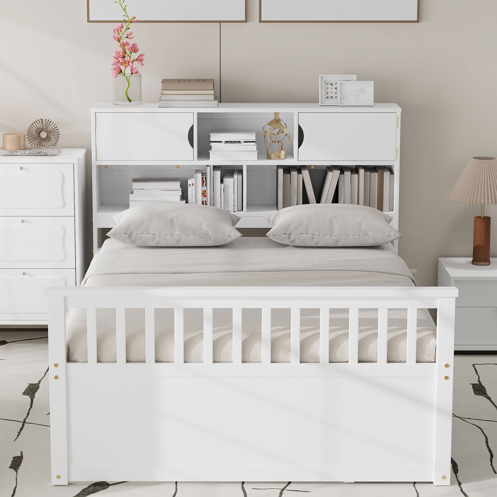 Full Size Captain Platform Bed Frame with Storage Bookcases and Shelves
