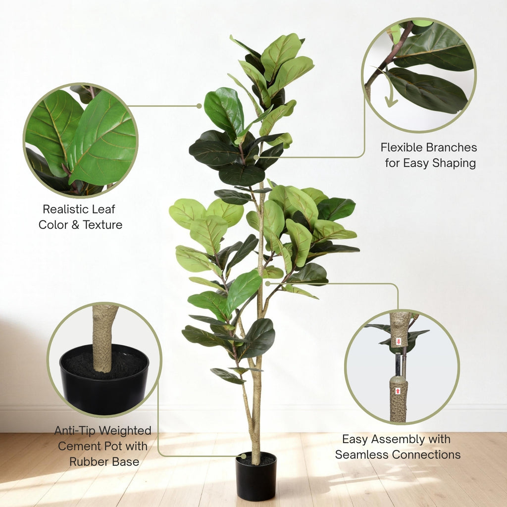 6ft Artificial Fiddle Leaf Fig Tree with Black Plastic Pot, Green