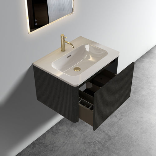 Etna 24-Inch Floating Bathroom Vanity, Black Melamine with White Ceramic Sink