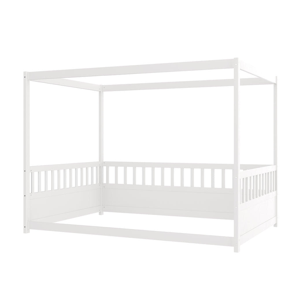 Full Size Canopy Bed Frame with Guardrails for Kids