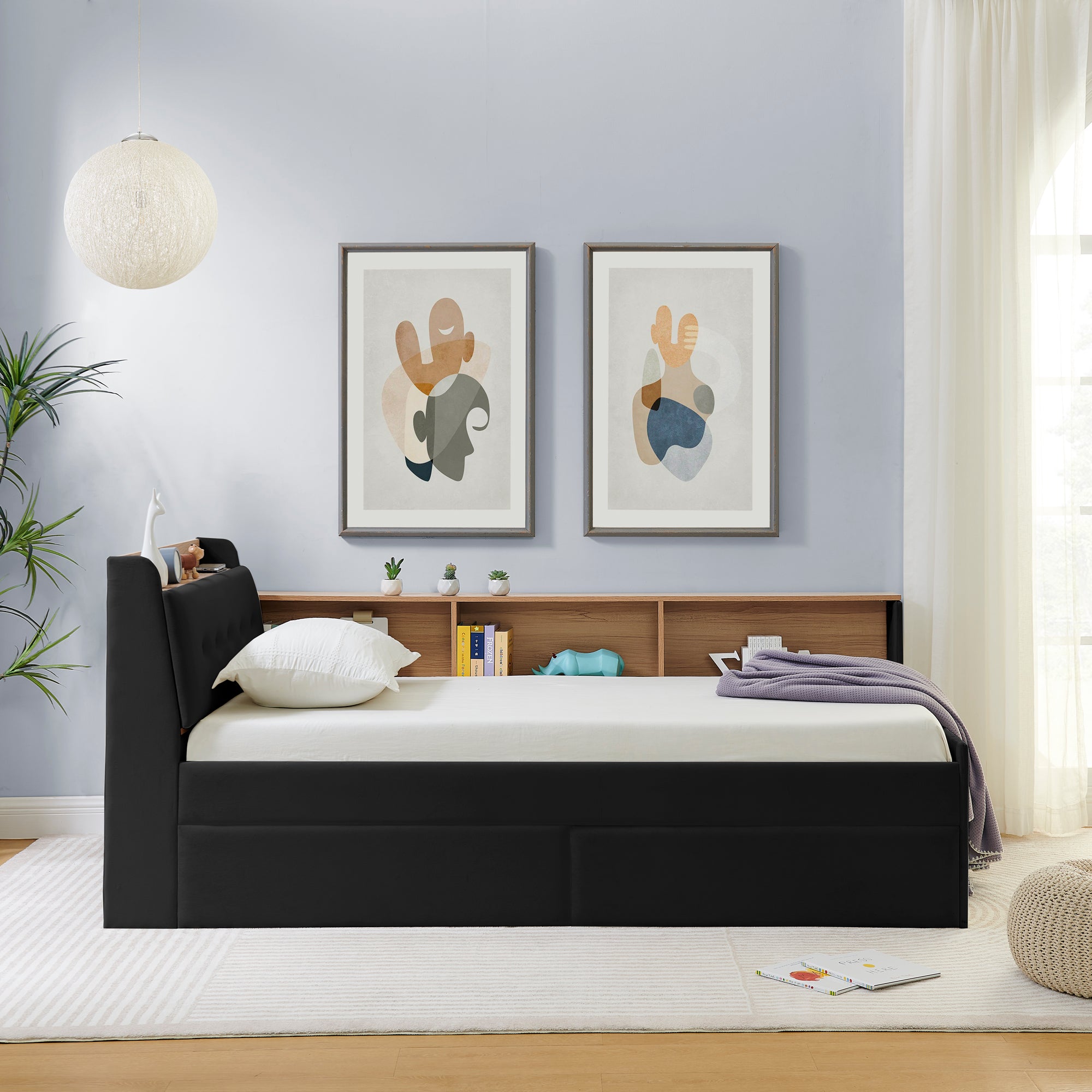 Twin Size Upholstery Velvet Day Bed with Storage Headboard