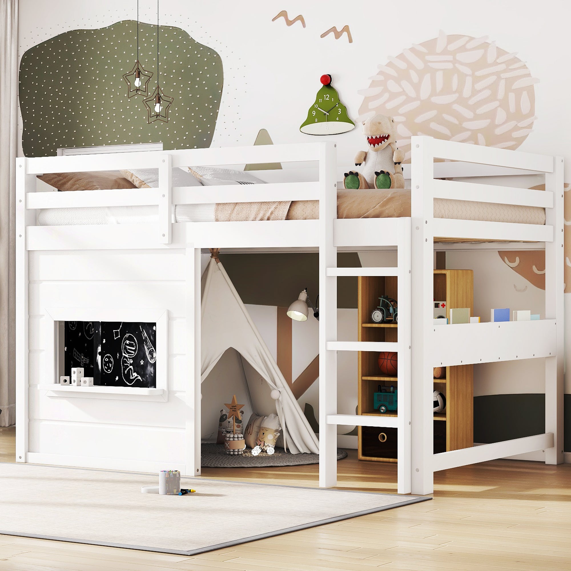 Twin Size Loft Bed With Playful Sliding Chalkboard