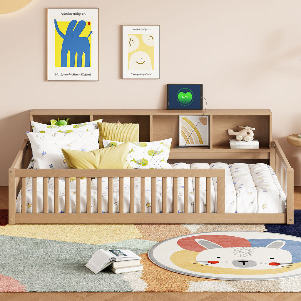 Wood Twin XL Size Floor Bed with Storage Cabinets and USB Ports
