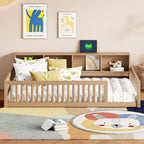 Wood Twin XL Size Floor Bed with Storage Cabinets and USB Ports