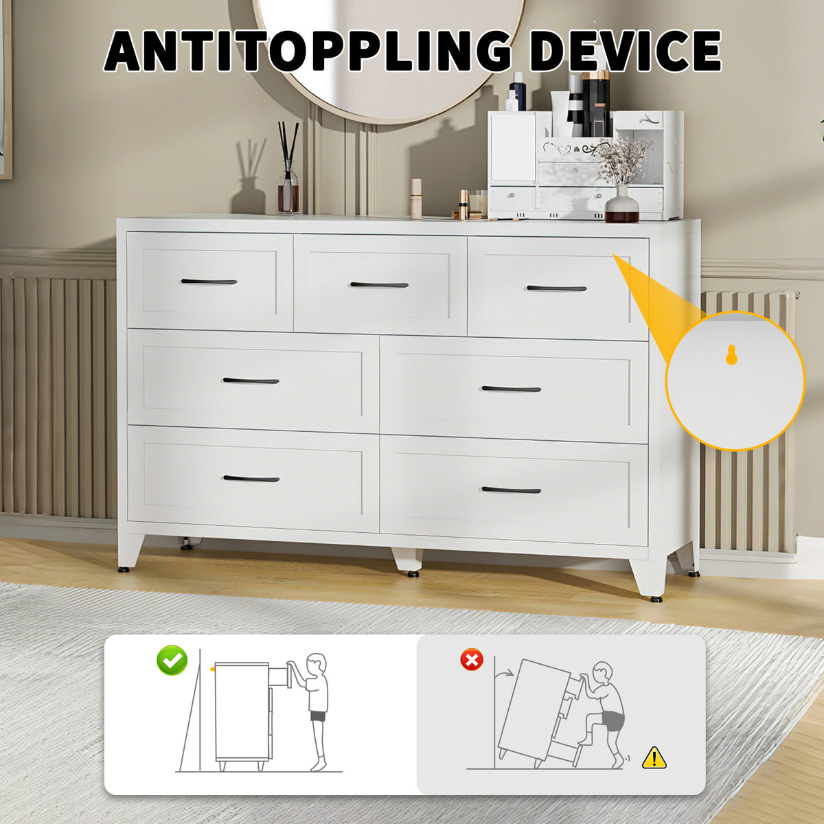 7-Drawer Dresser, Wide Low-Profile Storage Cabinet
