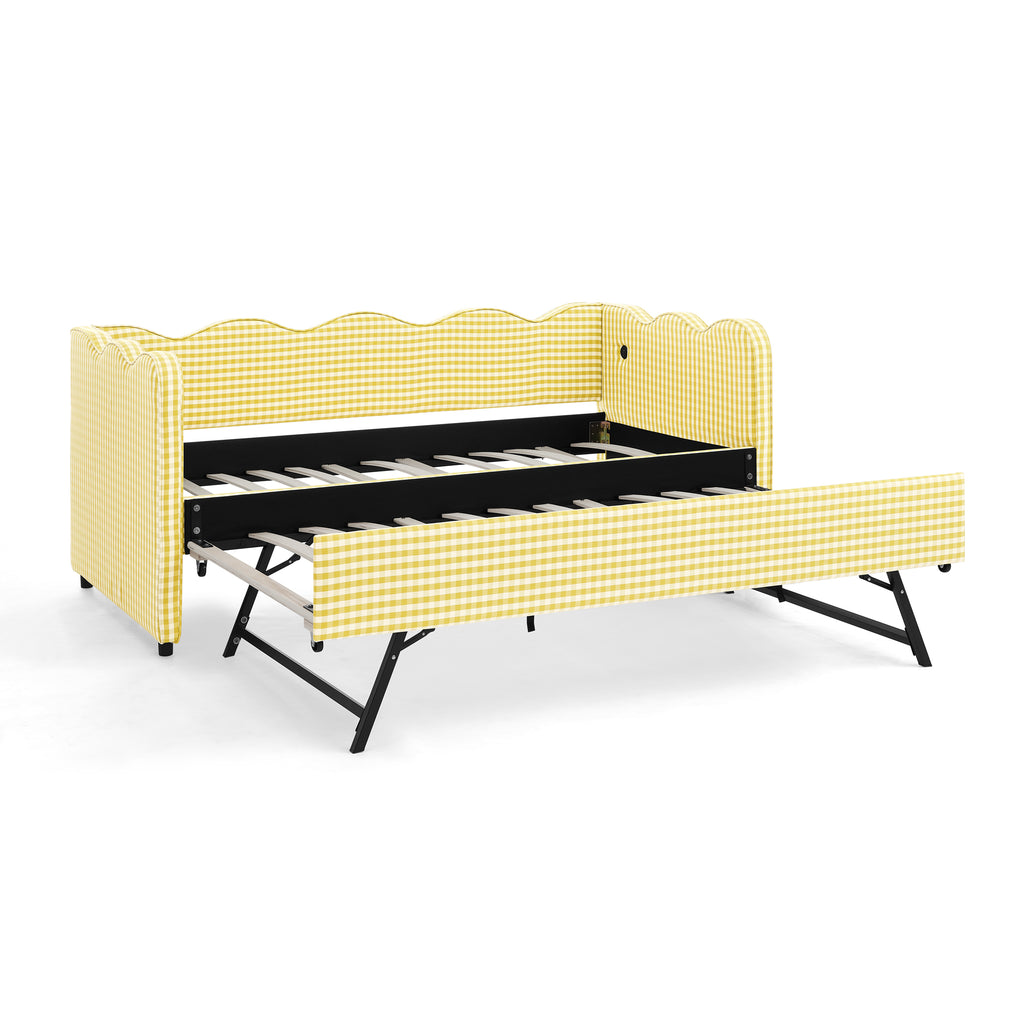 Cozy Gingham Daybed with Trundle Twin Size Sofa Bed