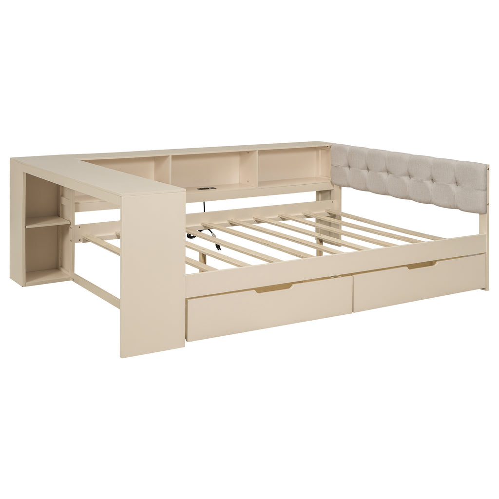 Wood Full Size Platform Bed with Storage Shelves, Drawers, Charging Station and Upholstered Headboard