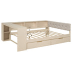 Wood Full Size Platform Bed with Storage Shelves, Drawers, Charging Station and Upholstered Headboard