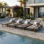 Black Iron + Teak Finish Outdoor Chaise Lounge Set with Dark