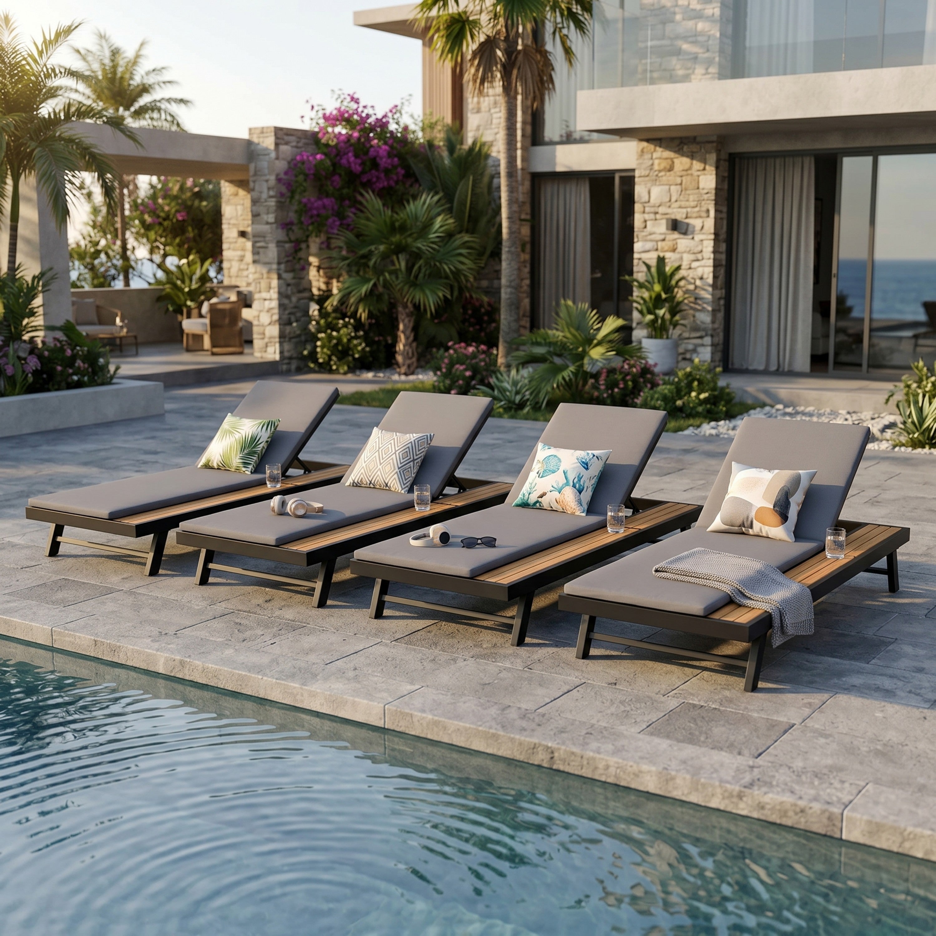 Black Iron + Teak Finish Outdoor Chaise Lounge Set with Dark