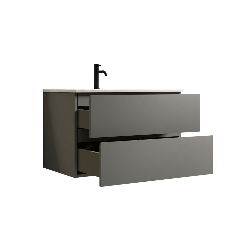 TIA 30-Inch Wall Mount Bathroom Vanity, Gray, Ceramic Sink with Soft-Close Drawers