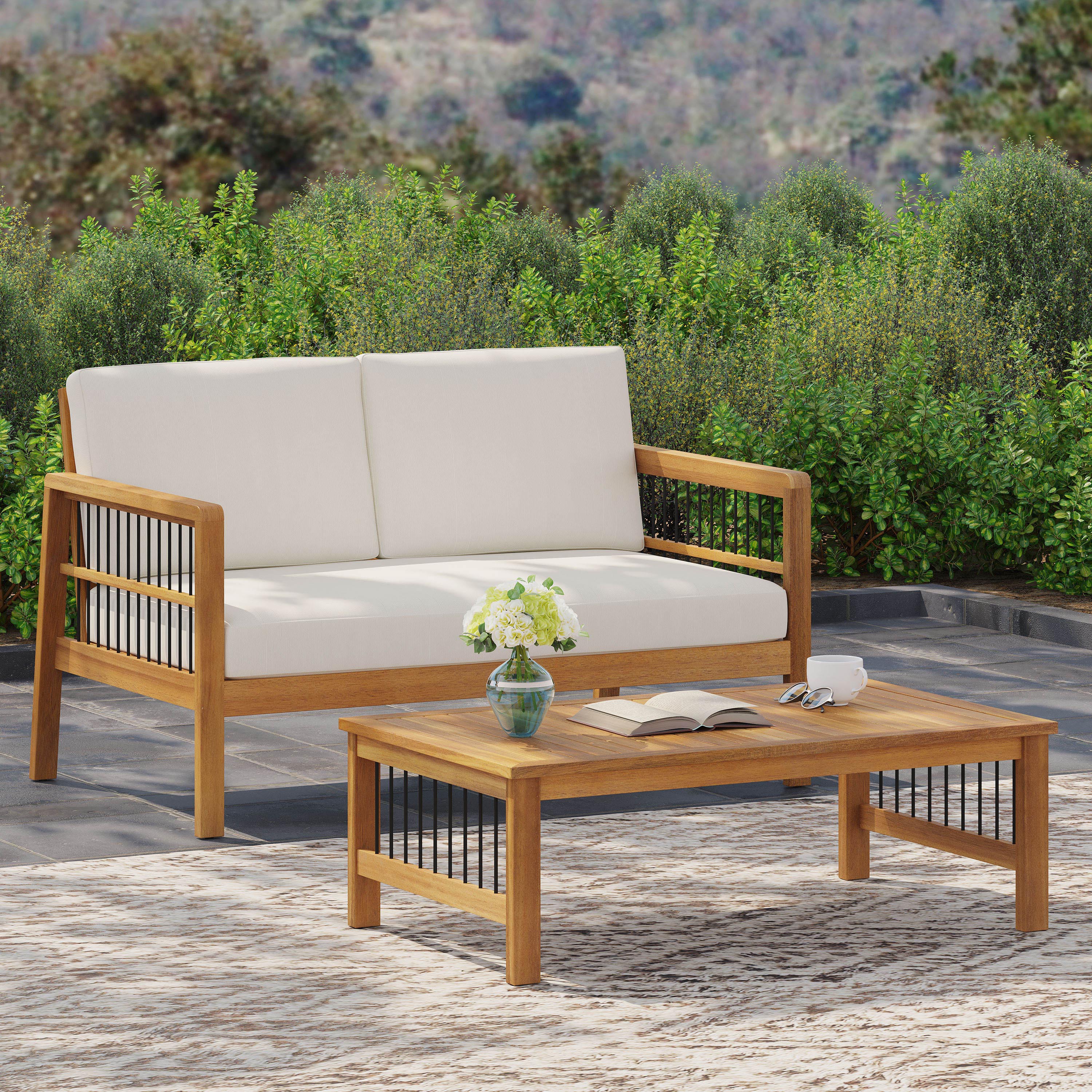 Outdoor Acacia Wood and Iron Loveseat and Coffee Table Set