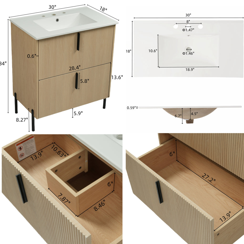 30" Bathroom Vanity with Ceramic Sink and Full-Extension Drawers