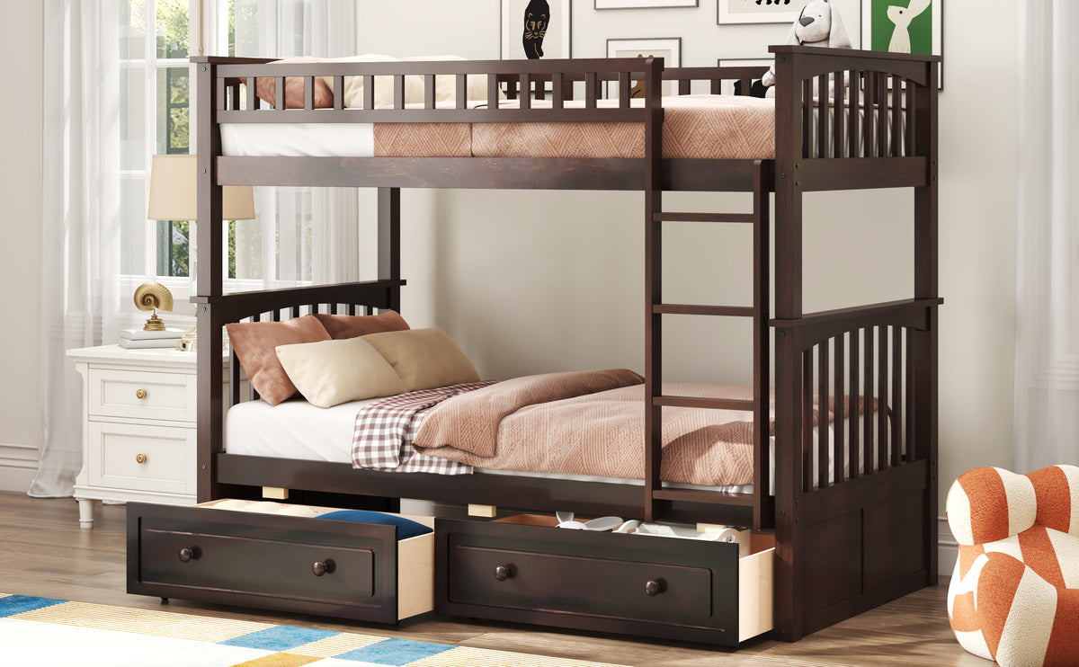 Twin Over Twin Bunk Bed with Drawers, Convertible Beds