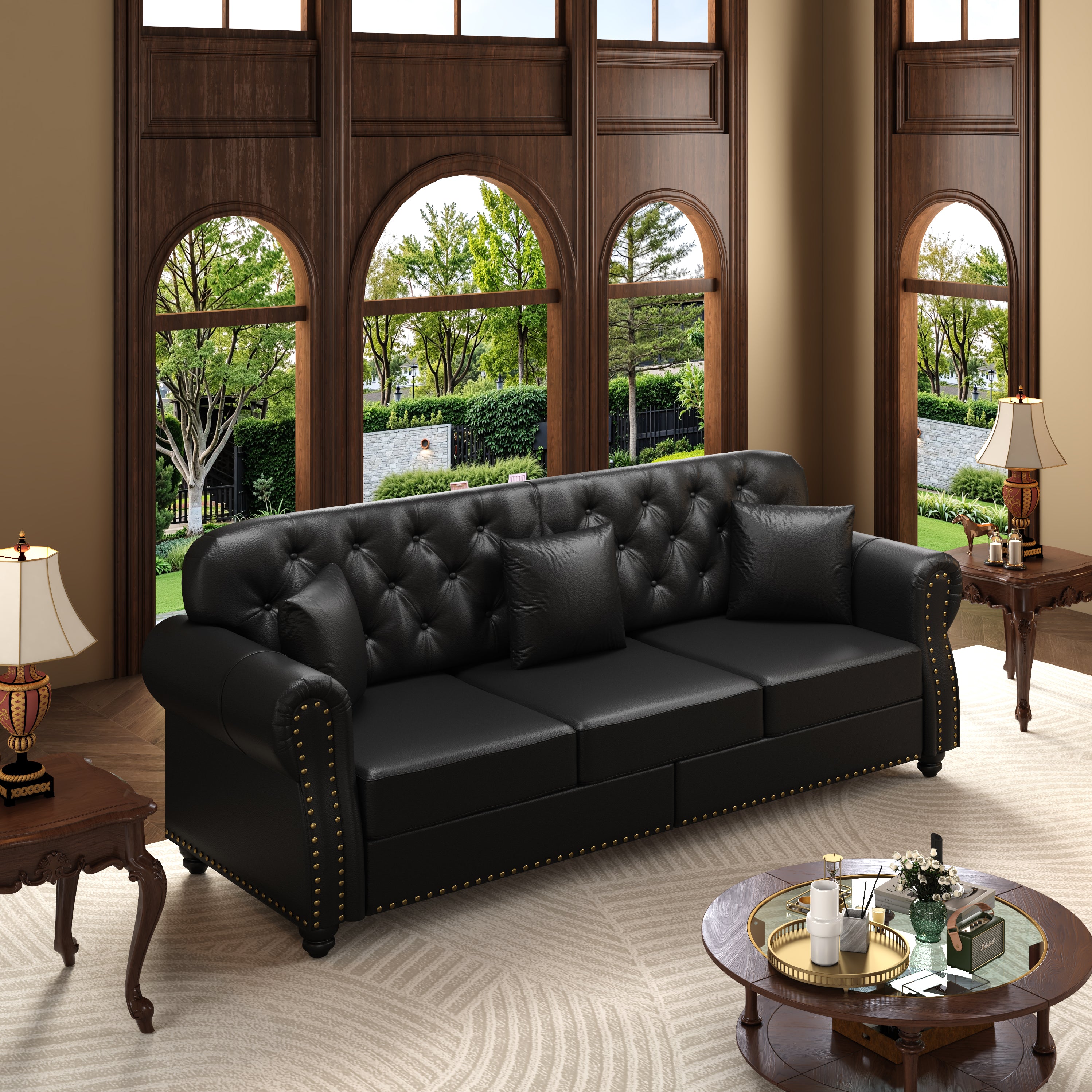 Upholstered Faux Leather Sofa with Nailhead Trim