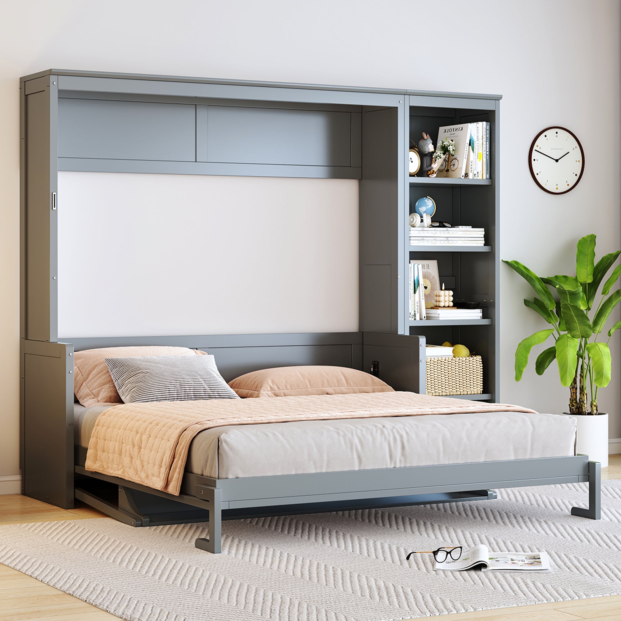 Queen Size Murphy Bed with Desk and Bookshelf