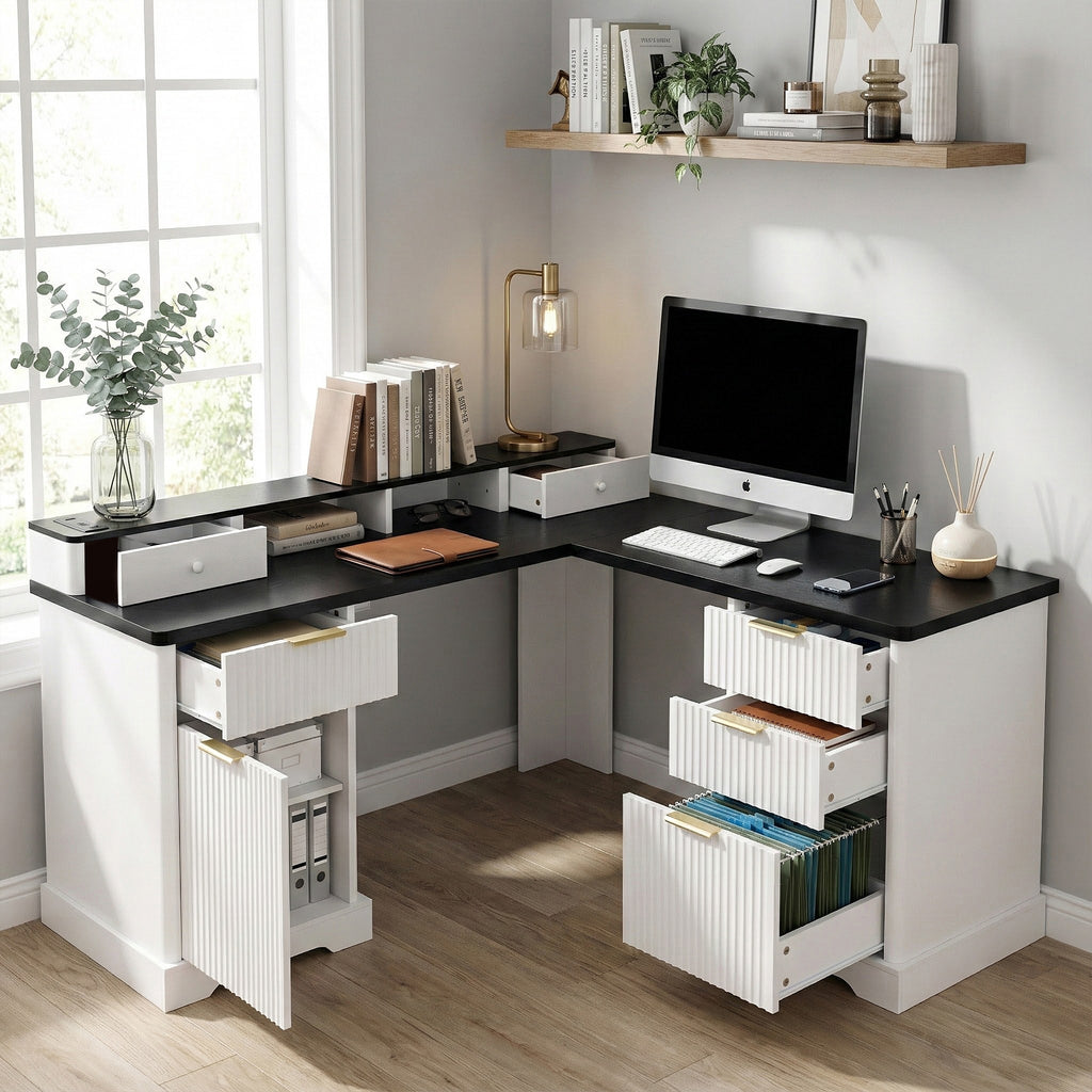 Modern Fluted L-Shaped Desk with Charging Station